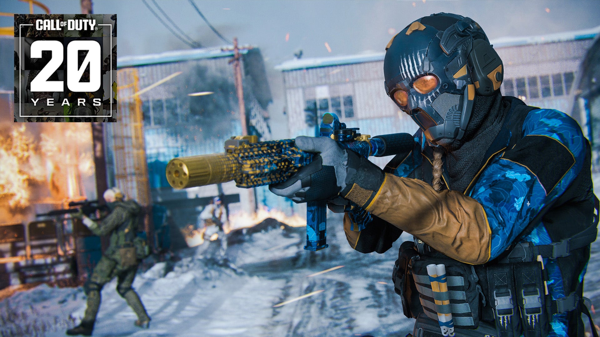 A Call of Duty player uses a gold-tipped weapon on a snowy map. 
